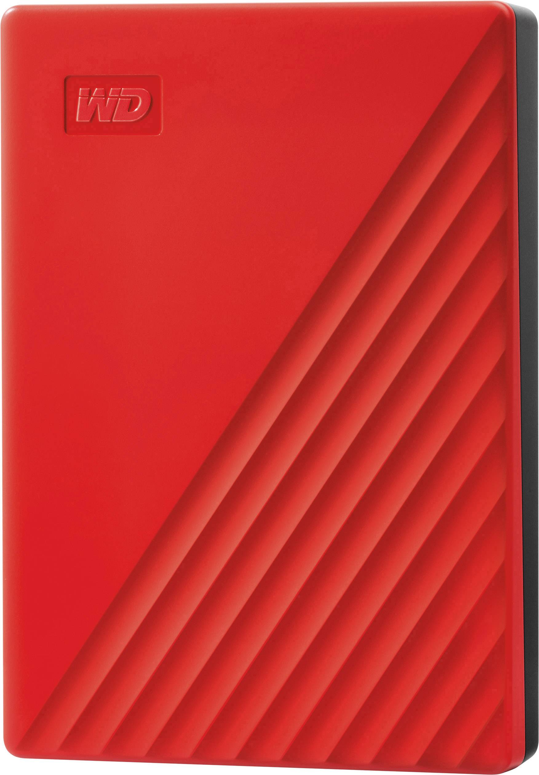 Rote externe Festplatte mit diagonalen Linien und 'WD'-Logo in der oberen Ecke.