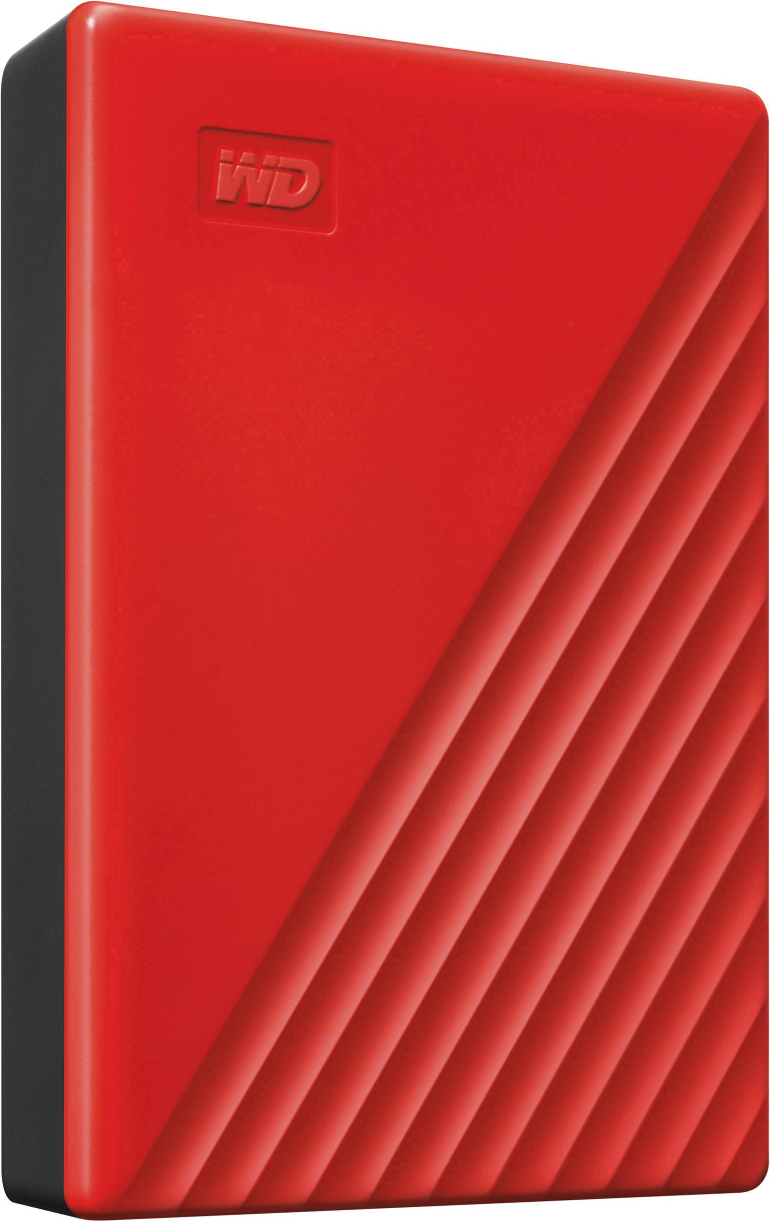 Rote externe Festplatte mit aufgeprägtem Markenlogo und diagonalen Streifenmuster auf der Vorderseite.