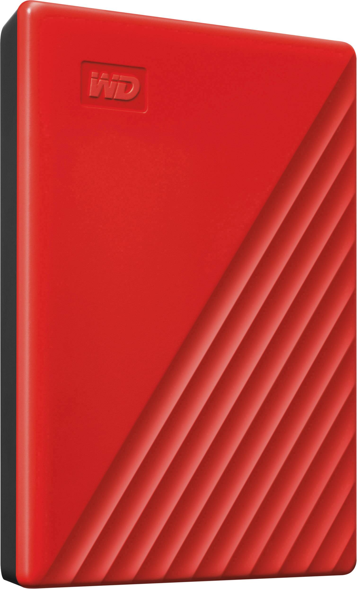 Rote externe Festplatte mit diagonalen Linien und dem Logo 'WD' oben links.