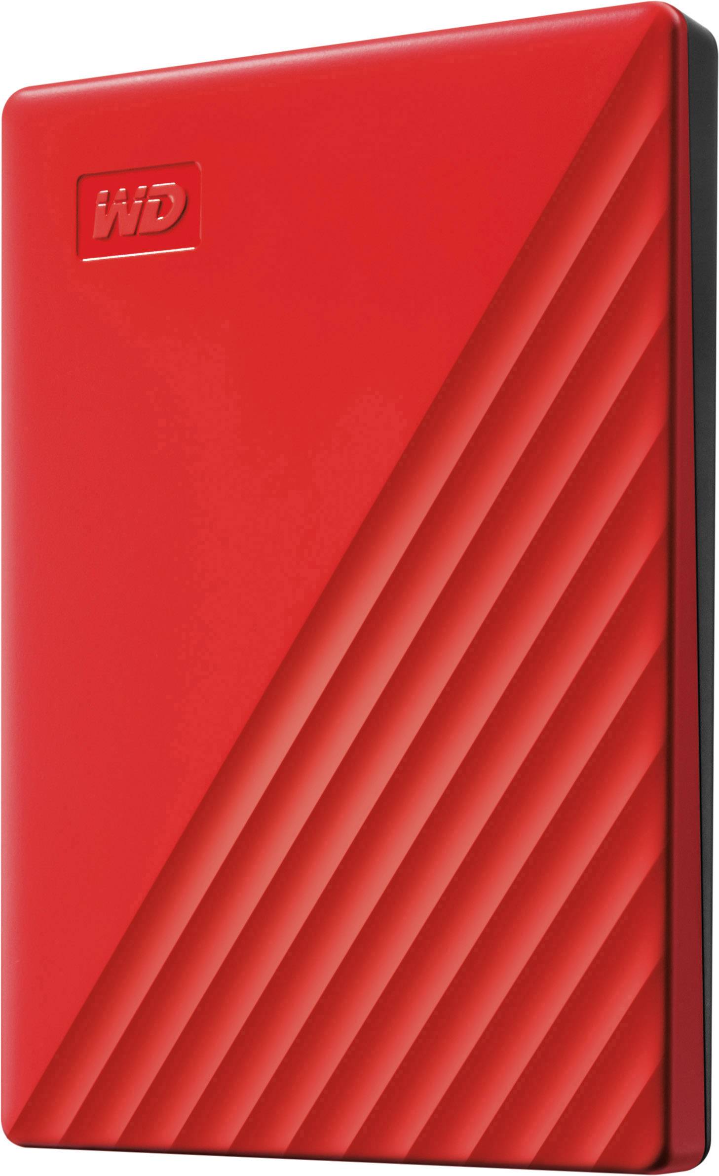 Eine rote externe Festplatte mit diagonal geripptem Design und dem Logo 'WD' in der oberen linken Ecke.