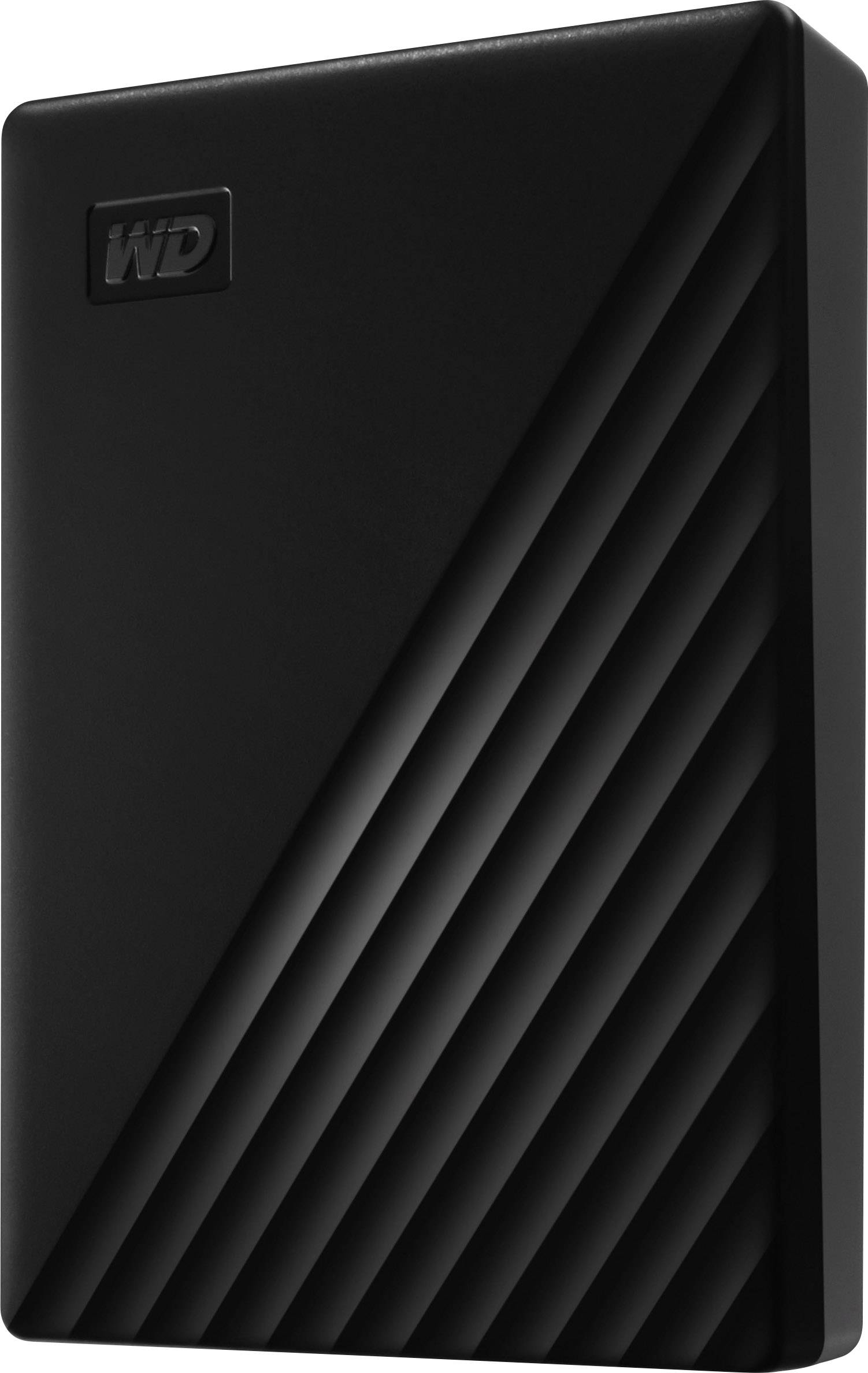 Externes schwarzes Laufwerk mit diagonalen Streifen und dem 'WD'-Logo oben links.
