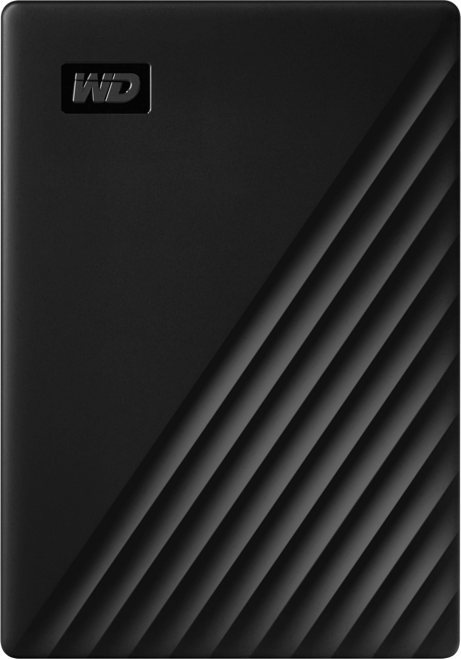 Eine schwarze externe Festplatte mit diagonalen Linien und einem 'WD'-Logo oben links.