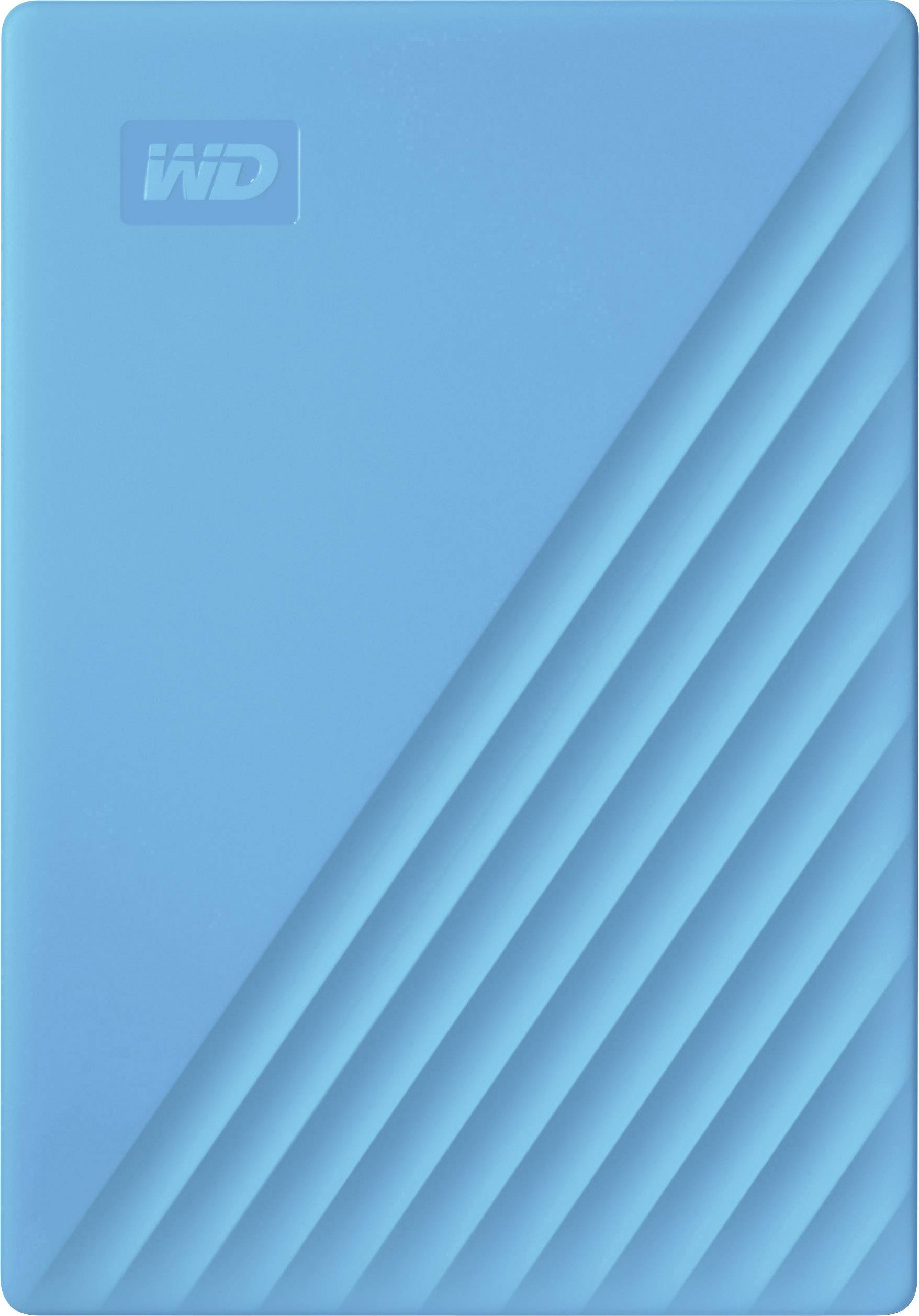 Eine blaue externe Festplatte mit diagonalem Streifenmuster und 'WD'-Logo in der Ecke.