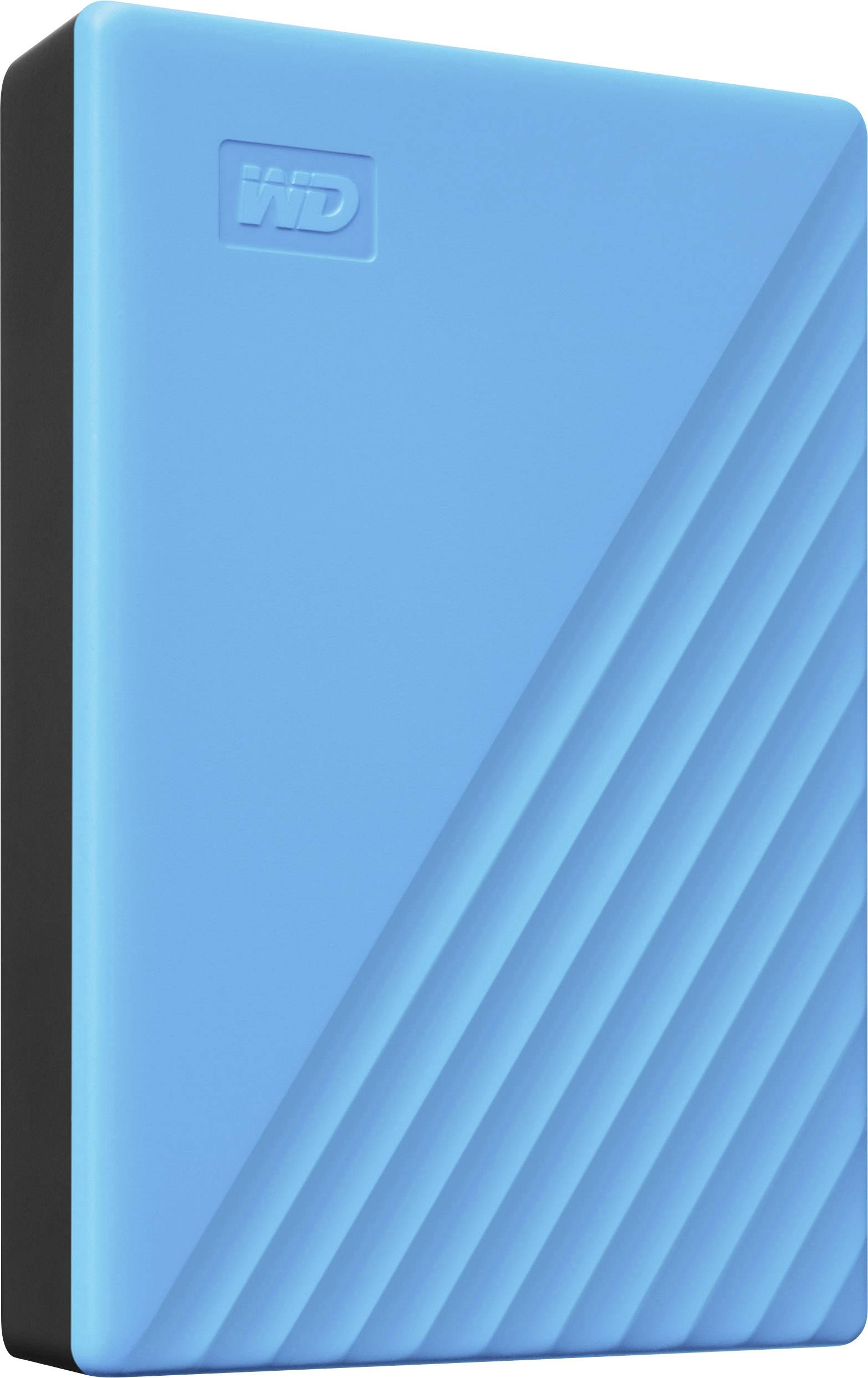 Externe Festplatte in Blau mit diagonalen Linienmuster und 'WD'-Logo oben links.