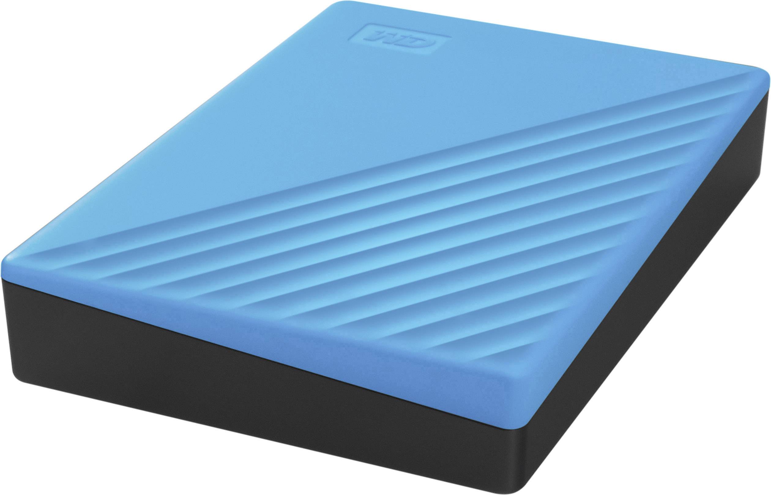 Eine externe Festplatte mit blauem Gehäuse und schwarzem Rand, vorn mit diagonalen Linien verziert.