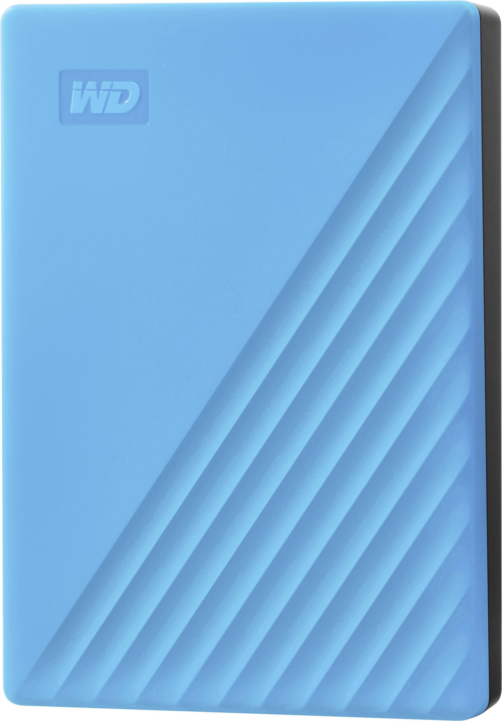 Externe Festplatte, blaues Gehäuse mit diagonalen Linien und eingeprägtem Logo oben links.