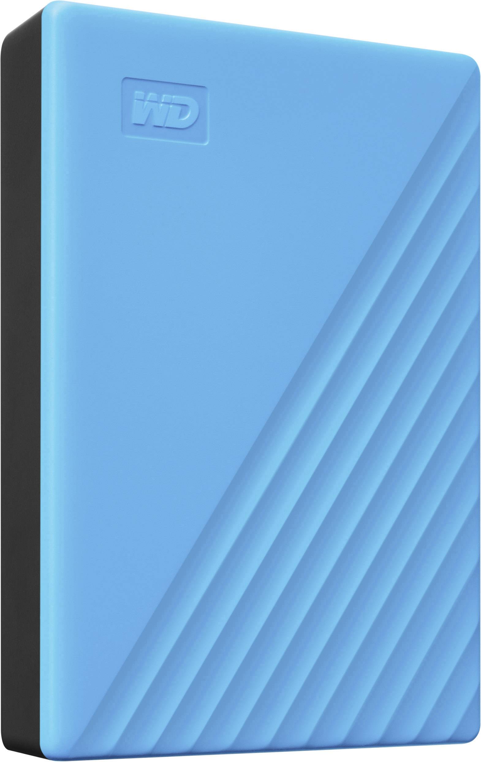 Externe Festplatte in leuchtendem Blau mit diagonalen Linien auf der Vorderseite, kompakt und tragbar.