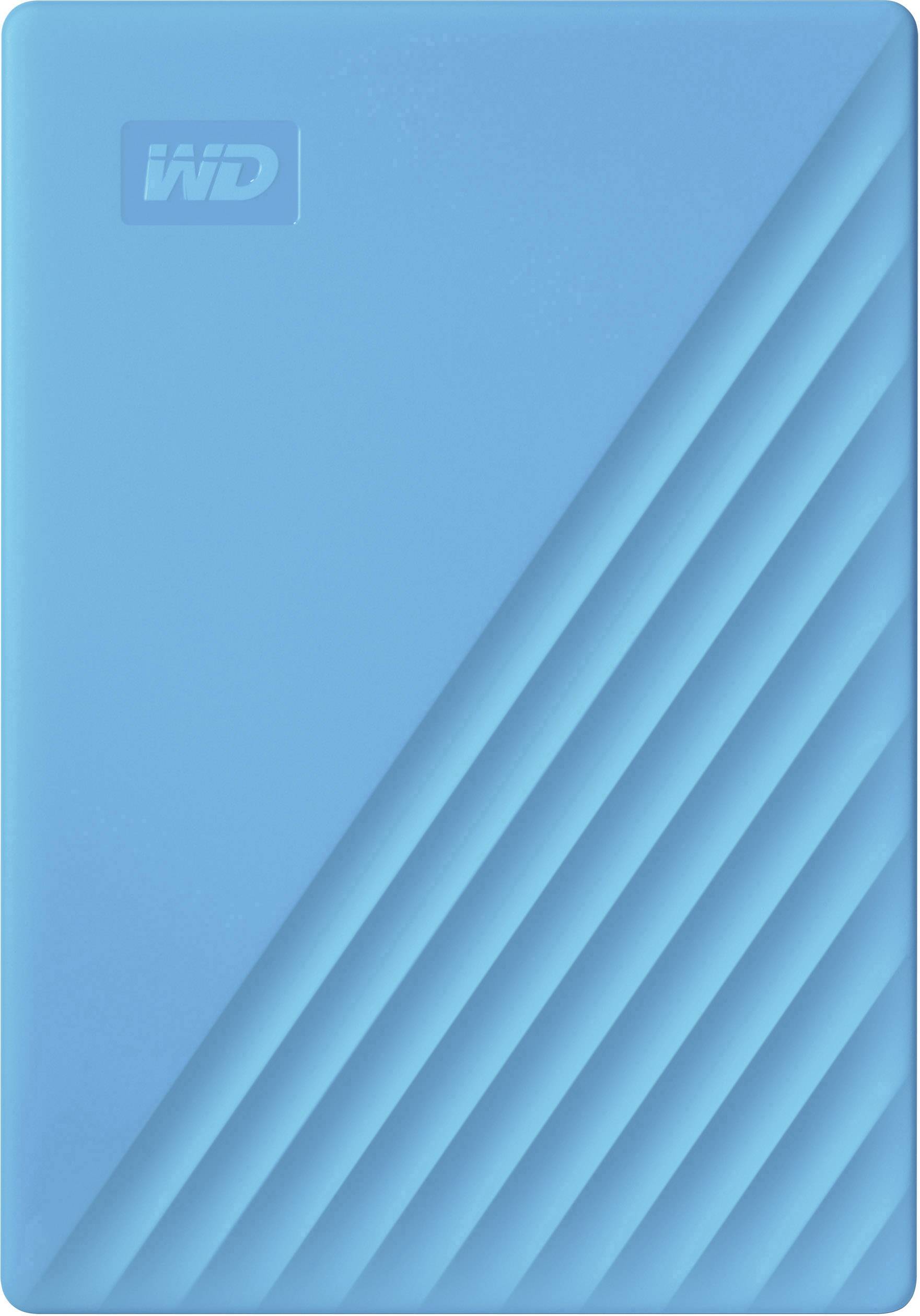 Externe Festplatte in blauem Gehäuse mit diagonalen Linien und 'WD'-Logo oben links.