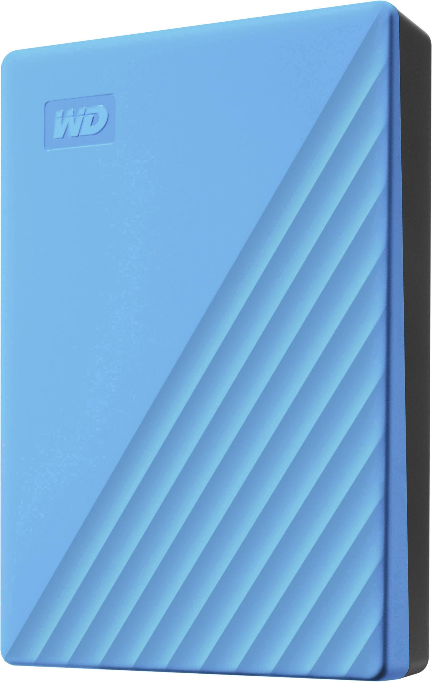 Externe blaue Festplatte mit diagonalen Streifen, die zur Datenspeicherung oder Sicherung verwendet wird.