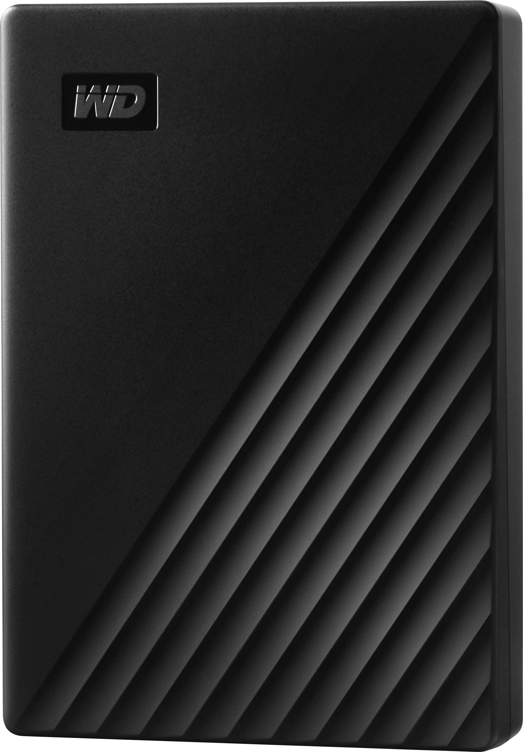 Externe schwarze Festplatte mit diagonalen Rillen und einem kleinen Markenlogo oben links.