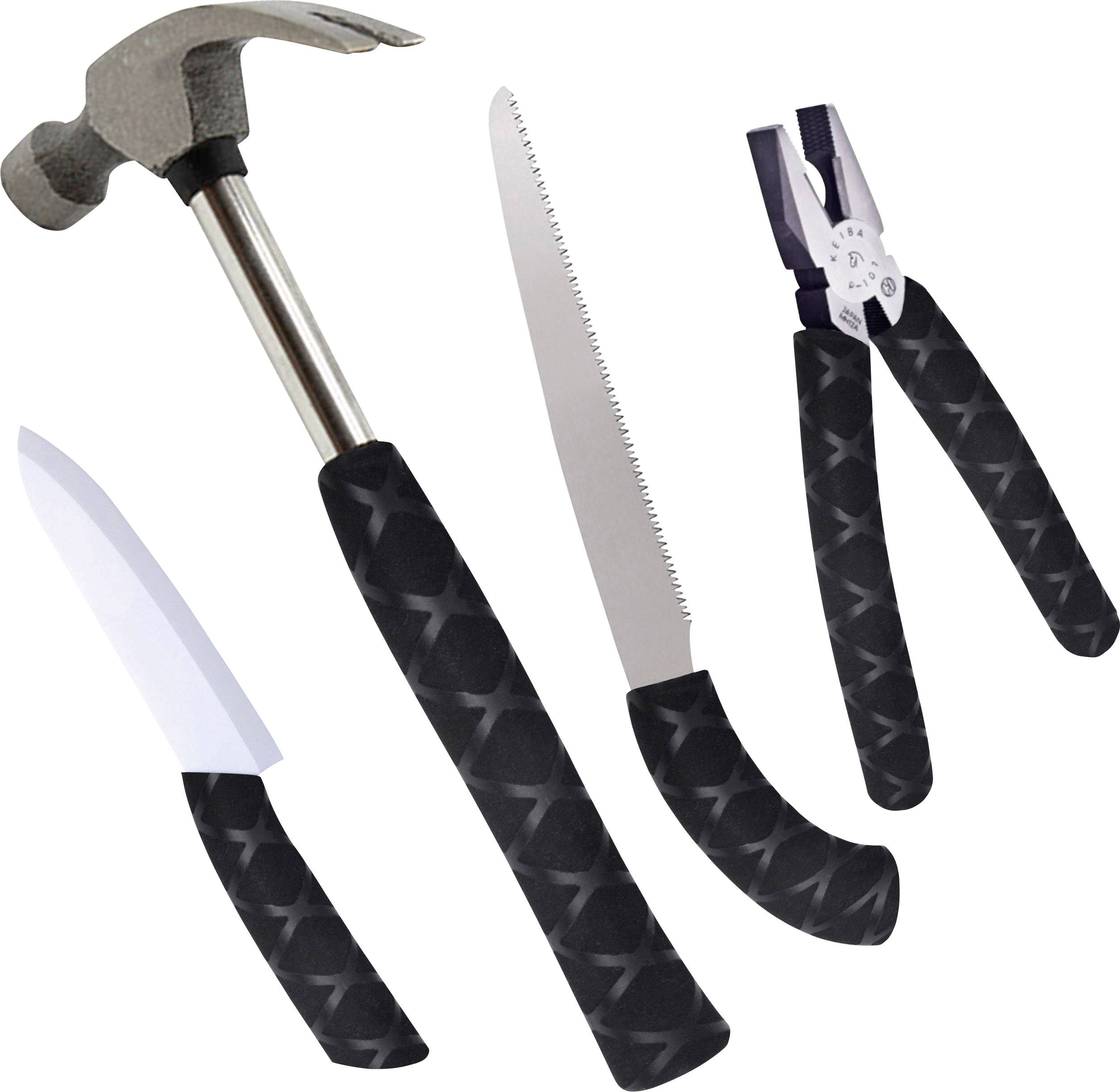 Eine Montage aus vier Werkzeugen: Hammer, Messer, Säge und Zange, alle mit schwarzen Griffen, vor weißem Hintergrund dargestellt.