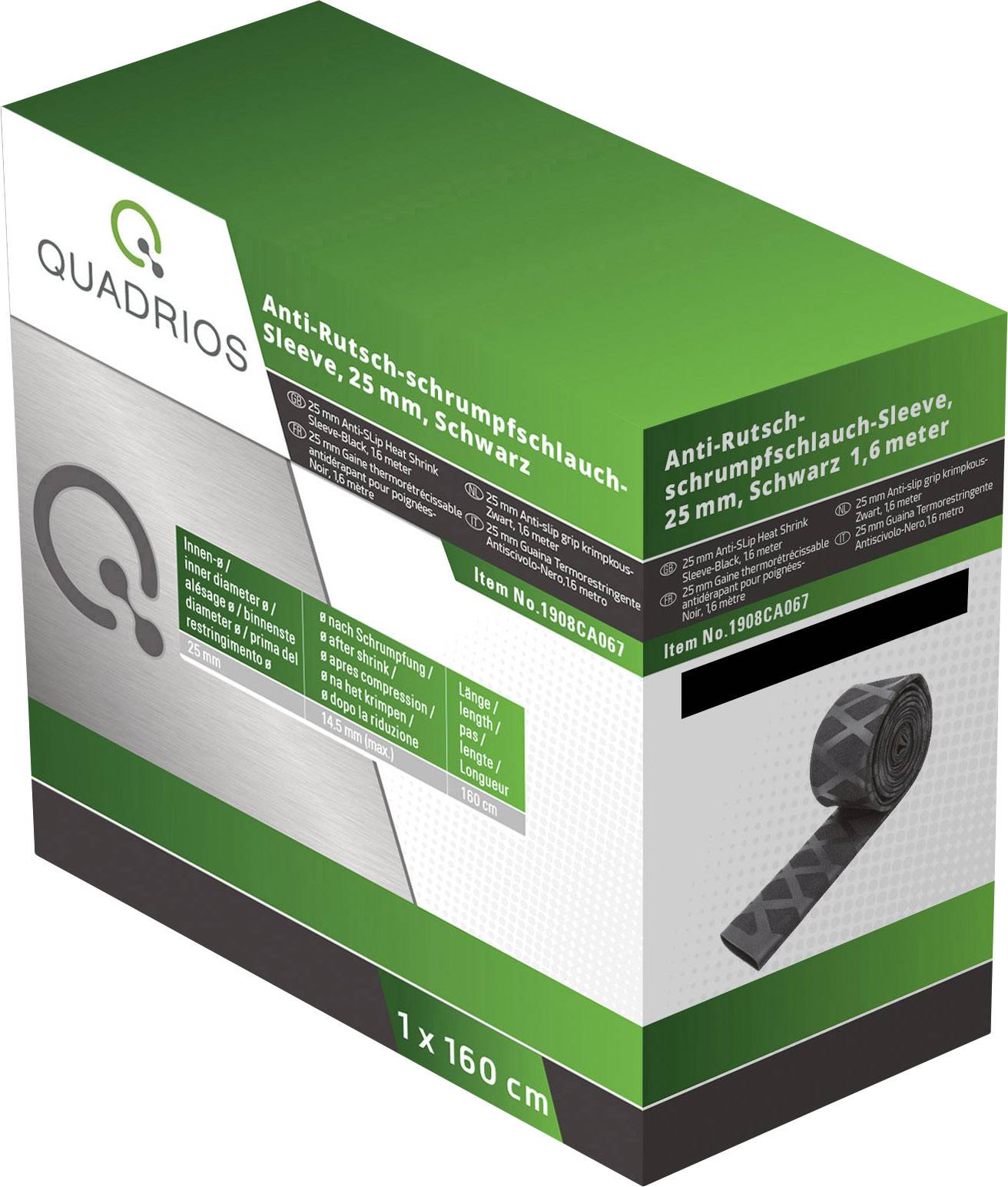 'Anti-Rutsch-Schrumpfschlauch-Sleeve 25 mm, Schwarz, 1,6 Meter' auf grauer Verpackung mit grünem Logo. Enthält Bild des Produkts.