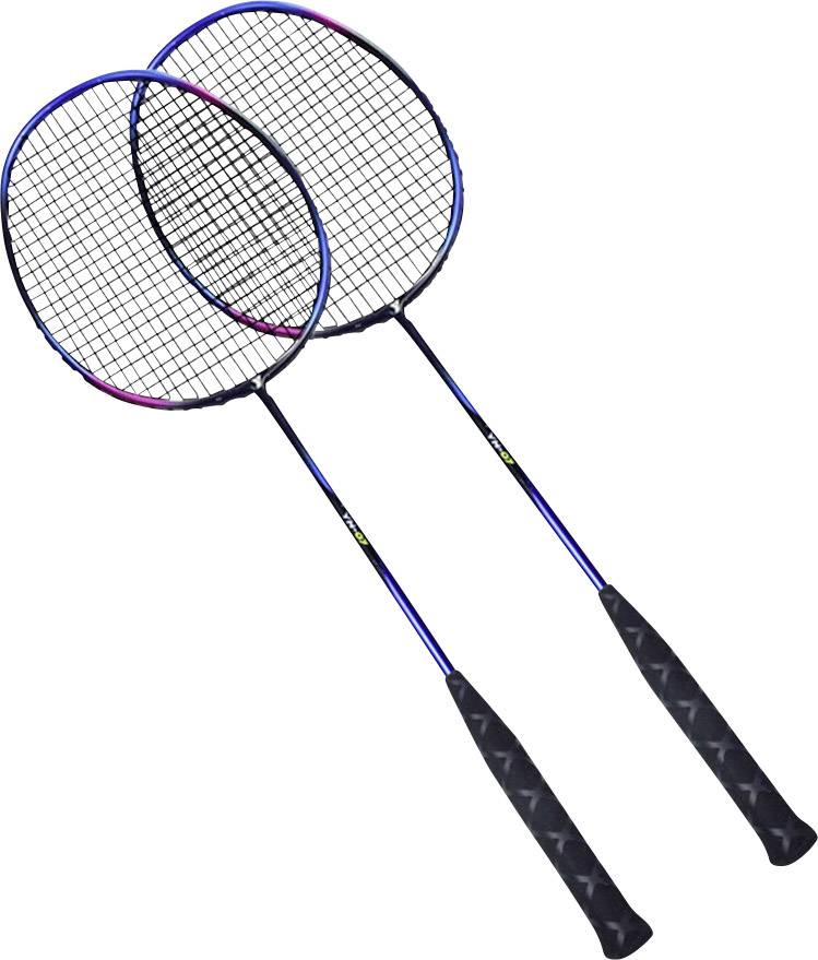 Zwei Badmintonschläger mit schwarzen Griffen und blauen Rahmen liegen gekreuzt nebeneinander.
