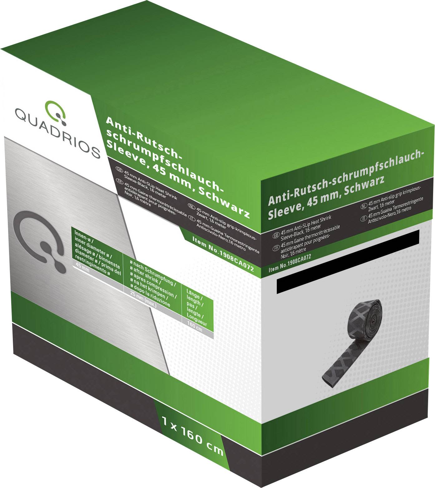 Grüne Verpackung eines Anti-Rutsch-Schrumpfschlauchs. Beschriftung: 'Anti-Rutsch-schrumpfschlauch-Sleeve, 45 mm, Schwarz, 1 x 160 cm'.