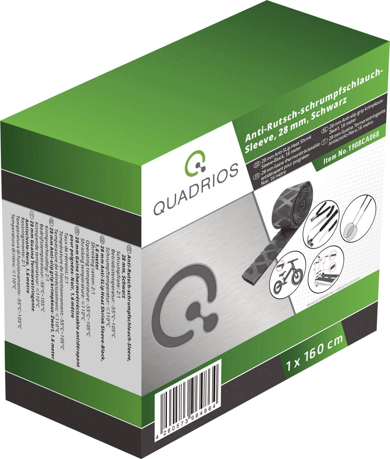 Eine grüne Verpackung von 'QUADRIOS' mit Anti-Rutsch-Schrumpfschlauch, 28 mm, 160 cm, schwarz, inklusive Illustrationen des Produkts.