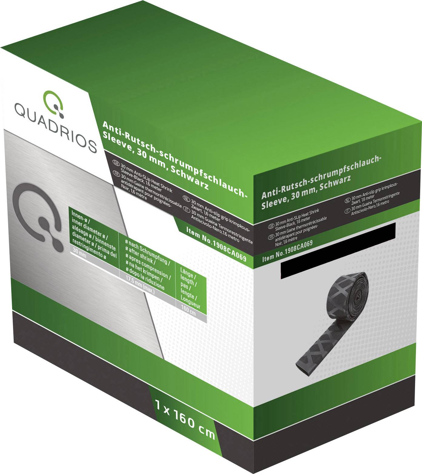 Schwarzer Anti-Rutsch-Schrumpfschlauch, 30 mm, 160 cm lang, auf Verpackung von Quadrios abgebildet. Produktbild und Logos sichtbar.