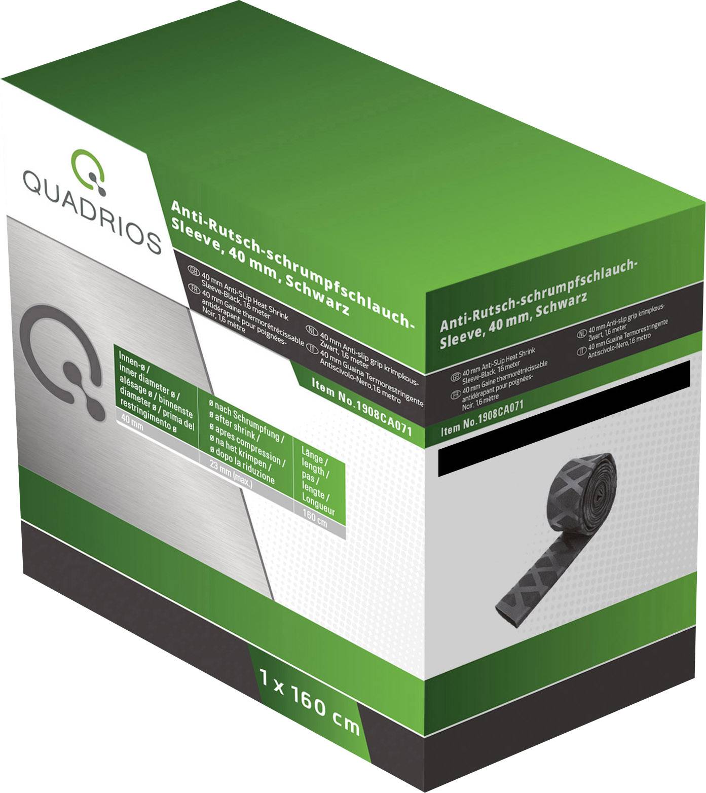 Verpackung eines Anti-Rutsch-Schrumpfschlauchs von Quadrios, 40 mm, schwarz, 1 x 160 cm, mit Produktabbildung und Artikelnummer.