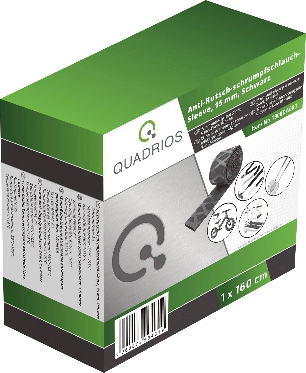 Quadratische Verpackung mit der Aufschrift 'Quadrios Anti-Rutsch-Schrumpfschlauch-Sleeve, 15 mm, Schwarz, 1 x 160 cm', inkl. Abbildungen des Produkts.