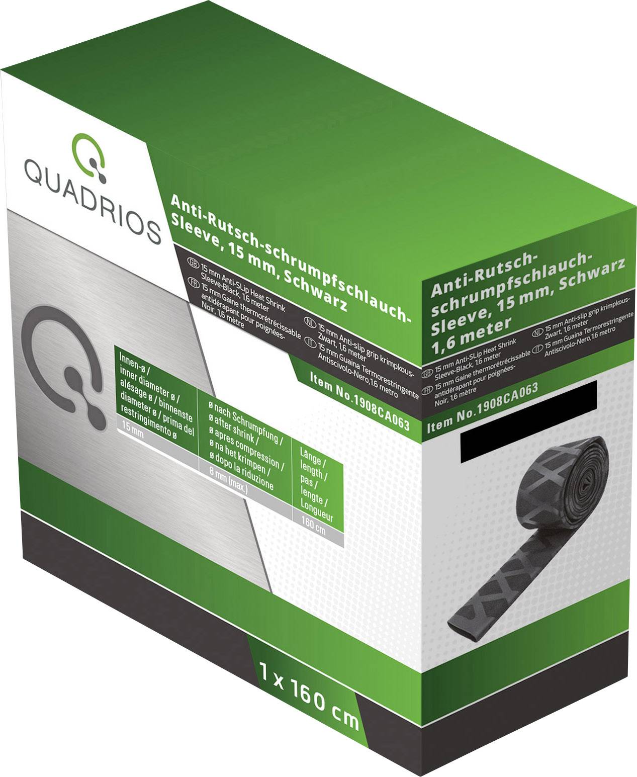 'Quadris Anti-Rutsch-Schrumpfschlauch', schwarz, 15 mm, 1,6 Meter Länge. Verpackung zeigt Produktdetail und Markenlogo.