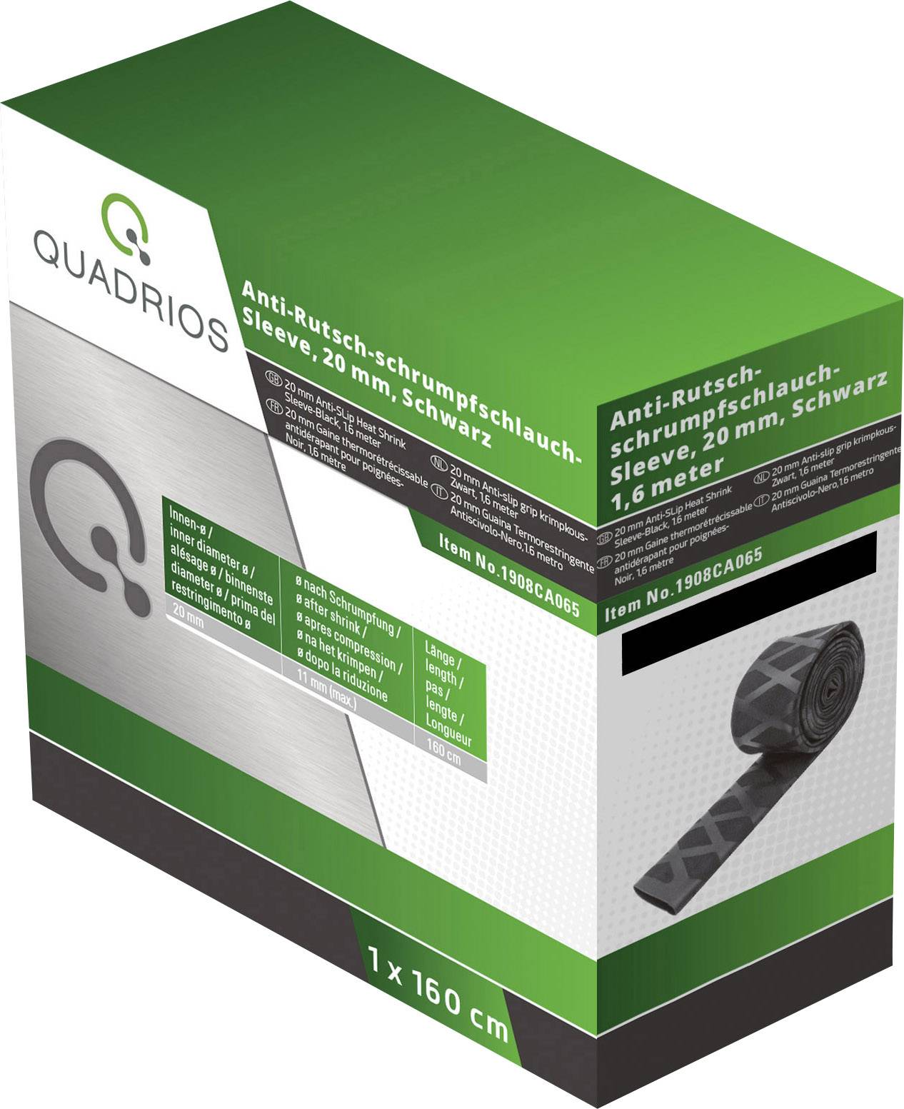 Verpackung eines schwarzen Anti-Rutsch-Schrumpfschlauchs von Quadrios, 20 mm breit, 1,6 Meter lang. Produktabbildung auf der Vorderseite.