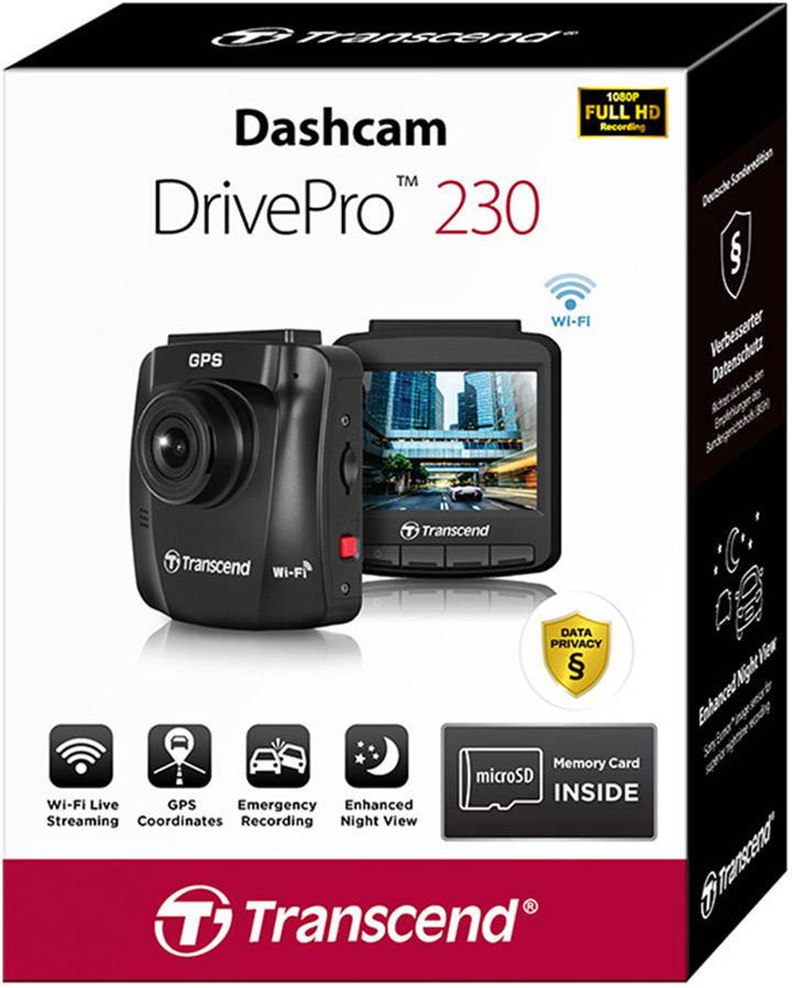 Transcend DrivePro 230Q Dashcam mit GPS Blickwinkel horizontal max.=130° 12V Akku, Fahrspurassistent, WLAN, Auffahrwarner, Display