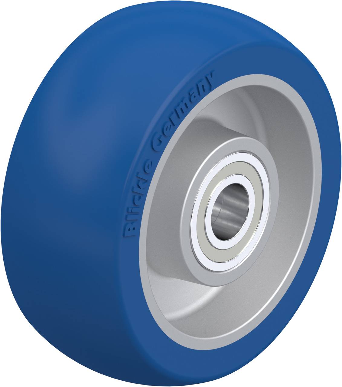 Blaues Rad aus Kunststoff mit Metalleinsatz und Kugellager, geeignet für verschiedene Transportgeräte.