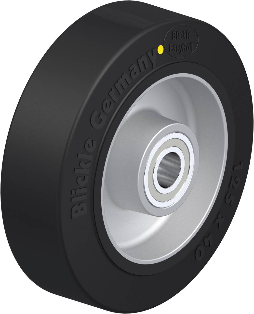Schwarzes Rad mit metallischem Zentrum, geprägt mit 'Blickle Germany' und 'Blickle EasyRoll'; industrielles Design.