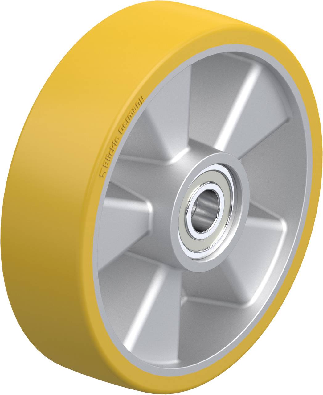Gelbes Industrierad mit silbernem Metallkern und kugelgelagertem Zentrum, geeignet für schwere Lasten und industrielle Anwendungen.