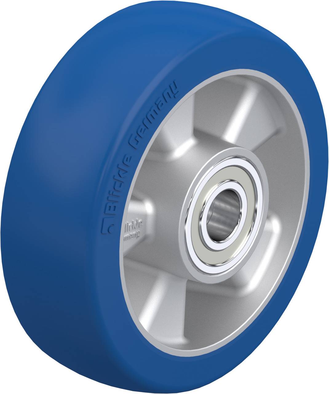 Industrie-Rad mit blauem Gummireifen und silbernem Metallkern, geeignet für Anwendungen im Maschinenbau oder Transportwesen.