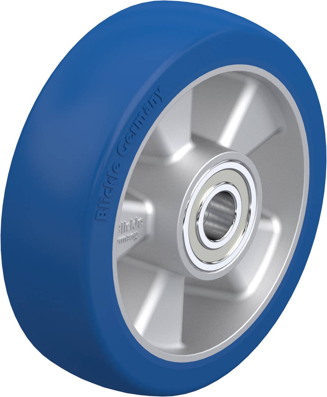 Ein einzelnes blauer Rad mit silberner Radfelge und Kugellager, geeignet für industrielle Anwendungen und Transportwagen.