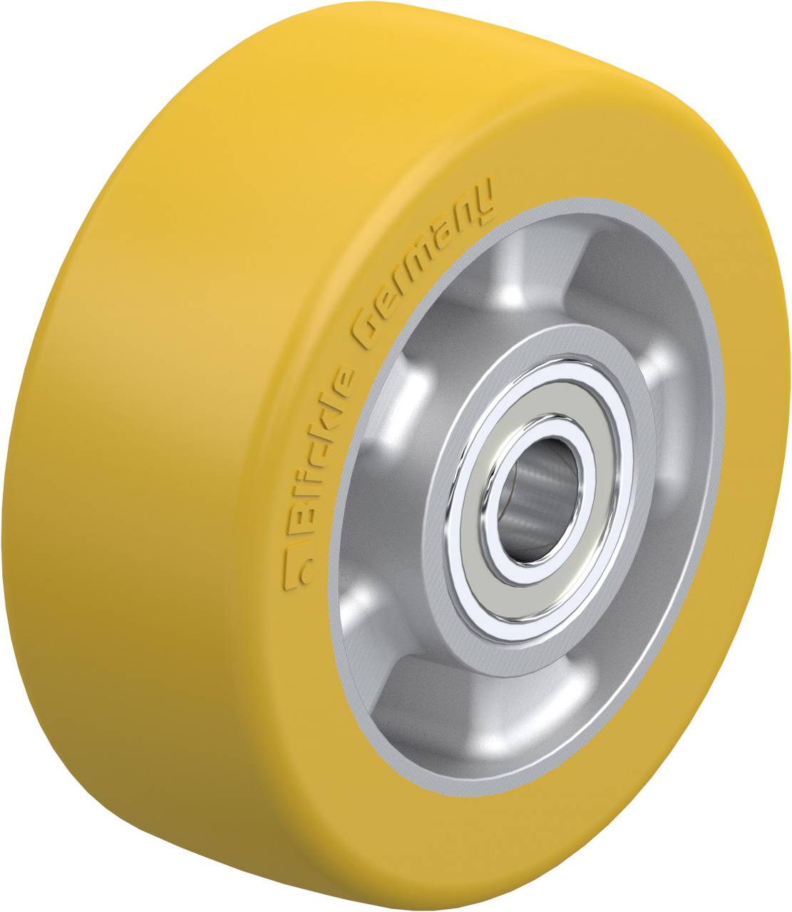 Gelbes Rad mit silbernem Kugellager. Gedacht für Maschinen oder Transportwagen, robust und langlebig gestaltet.