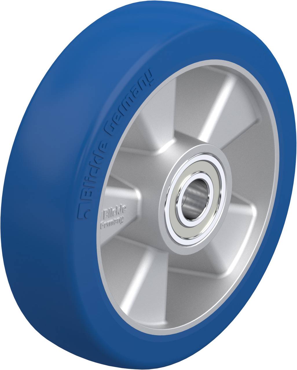 Blaues Rad mit silberner Felge und Kugellager, geeignet für Transportwagen oder Industrieanwendungen.