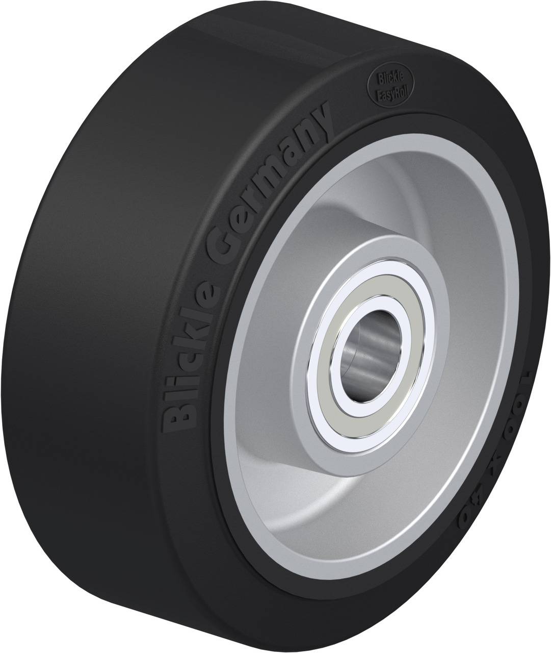 Schwarzes Rad mit Metallkern und Kugellager, Beschriftung 'Blickle Germany', zeigt Industrieanwendungsmöglichkeiten für Transportgeräte.
