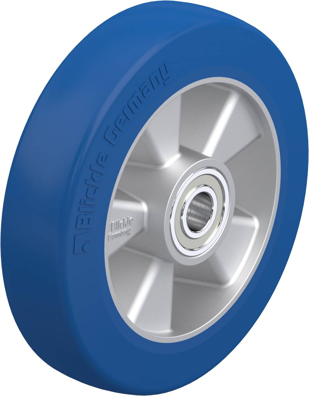 Blaues Rad mit silbernem Kern und Kugellager, hergestellt von Blickle.