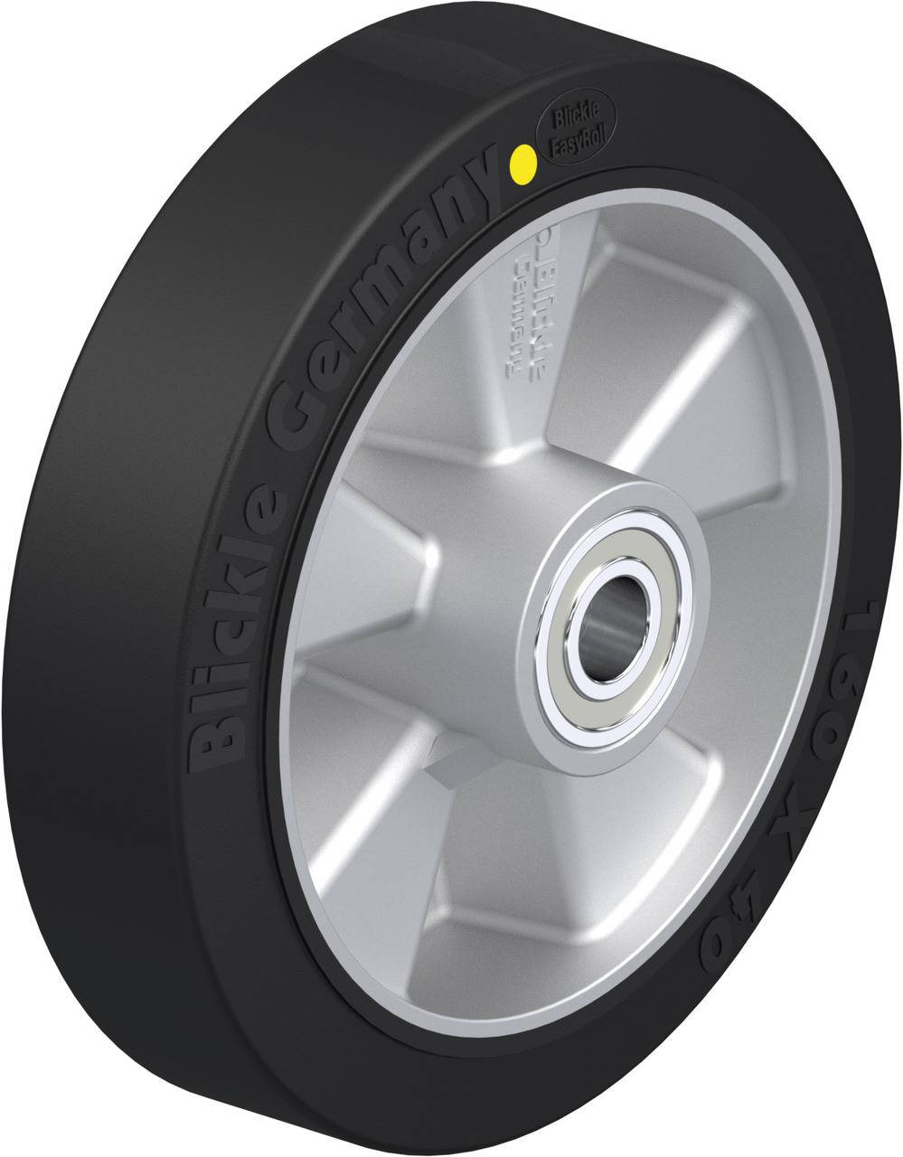 'Blickle Germany' Rad aus Kunststoff mit silbernem Innenkern und schwarzem Außenrand. 10x3,2 Größe, geeignet für Transportgeräte.