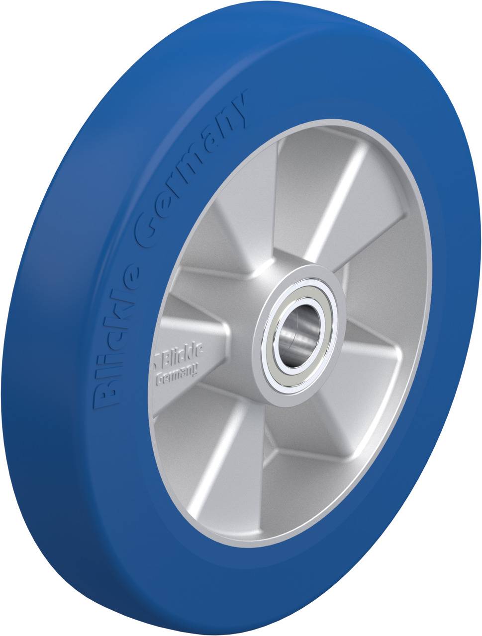 Blaues Rad mit silberner Felge und Kugellager, geeignet für industrielle Anwendungen. Aufschrift: 'Blickle Germany'.