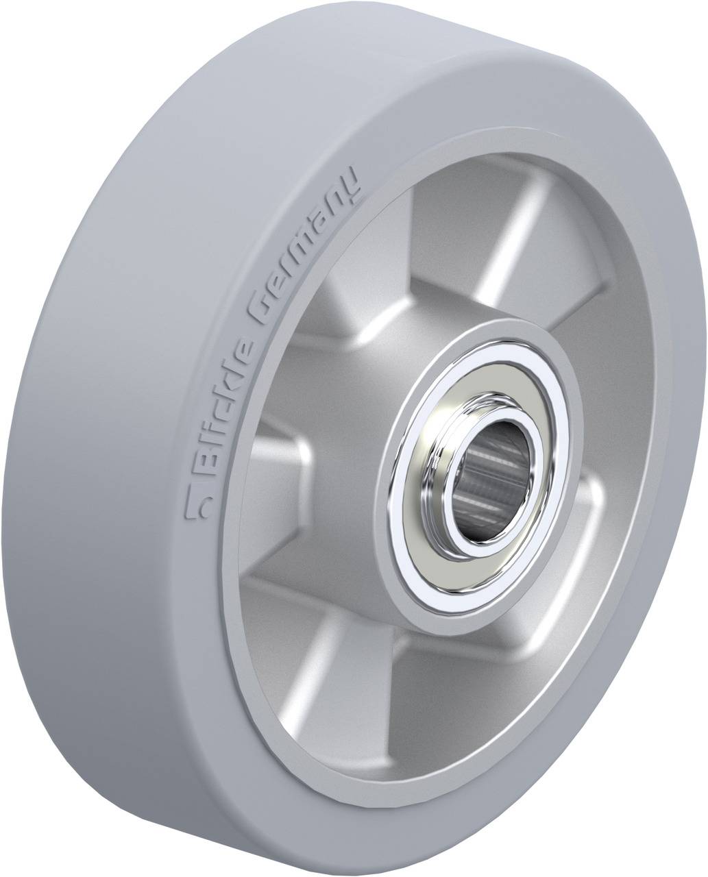 Graues Rad mit Kugellager, markiert mit 'Blickle Germany'. Das Rad hat eine solide Bauweise, geeignet für industrielle Anwendungen.