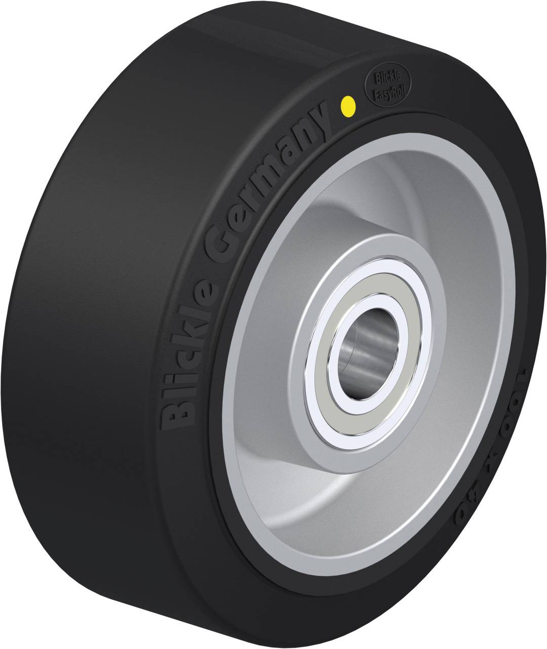Schwarzes Bockrollenrad mit metallischem Innenkern und sichtbarem Kugellager, Aufschrift 'Blickle Germany'.