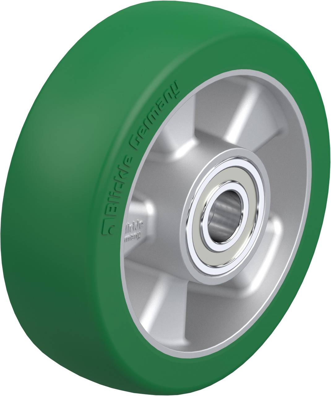 Industrie-Rad mit grüner Gummi-Lauffläche und silberner Metallnabe, geeignet für schwere Lasten und verschiedene Oberflächen.