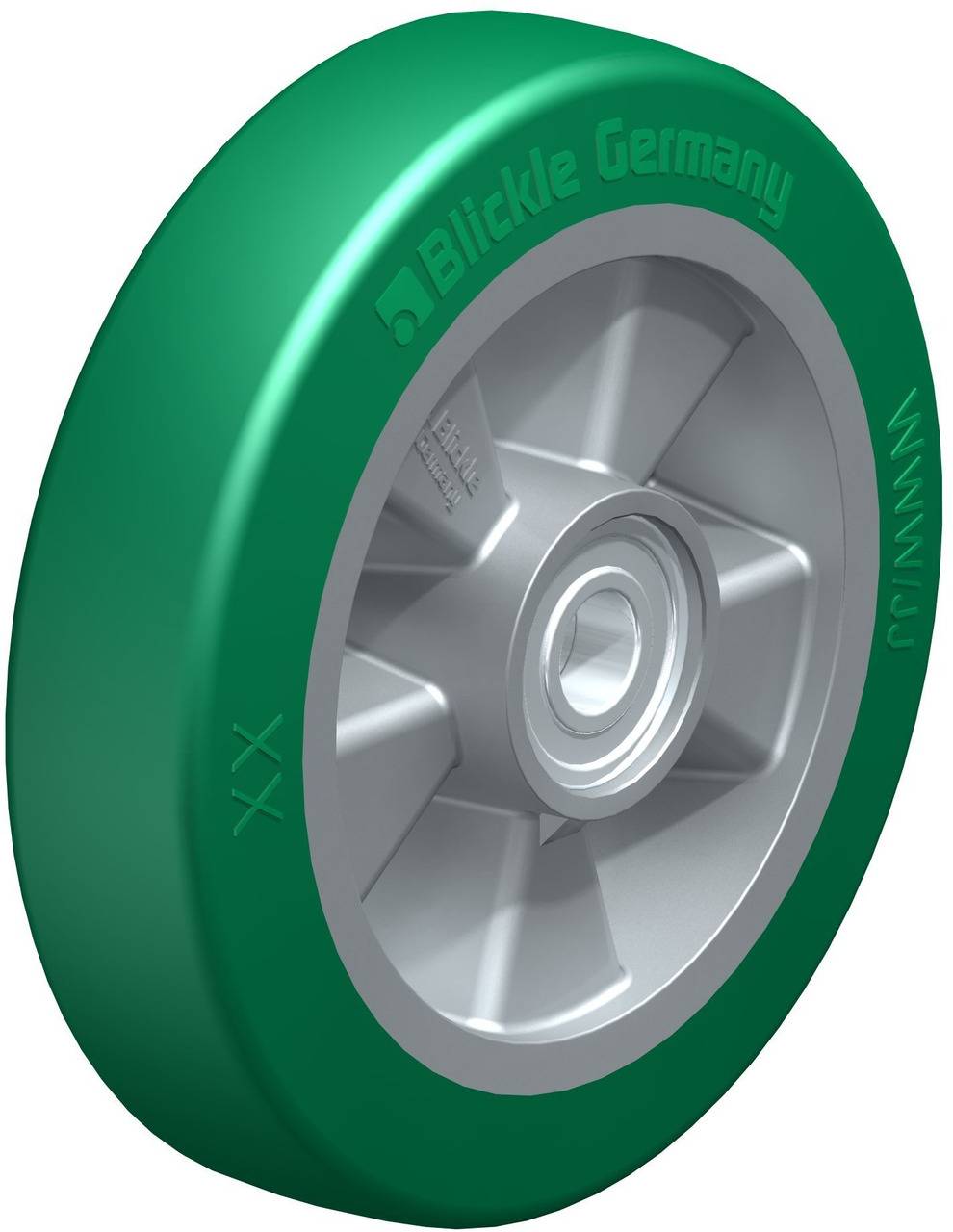 Grünes Industrierad mit silberner Felge, beschriftet mit 'Blickle Germany'. Geeignet für Transportgeräte in der Fertigung.