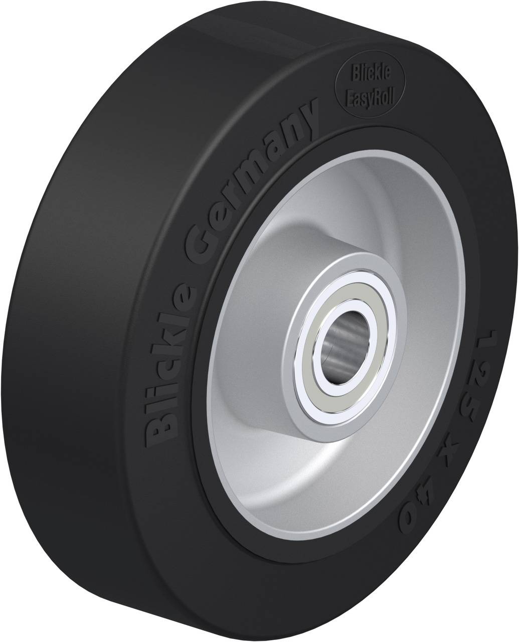 Industrie-Rolle aus schwarzem Kunststoff mit silbernem Metallkern und Inschrift 'Blickle Germany'. Geeignet für leichten Transport.