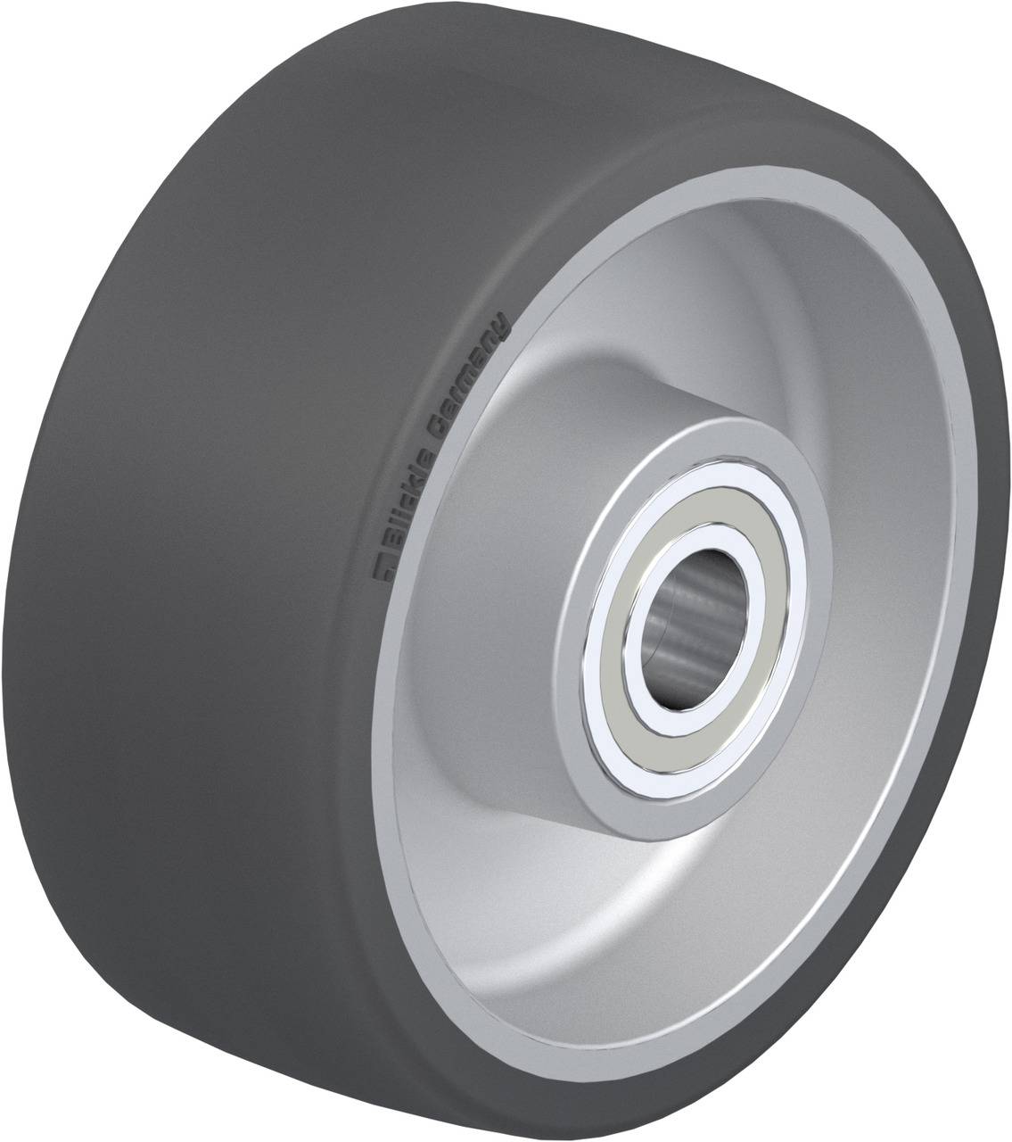 Schwarzes, rundes Rad mit metallischem Innenring, geeignet für Transportgeräte, mit silbernem Kugellager in der Mitte.