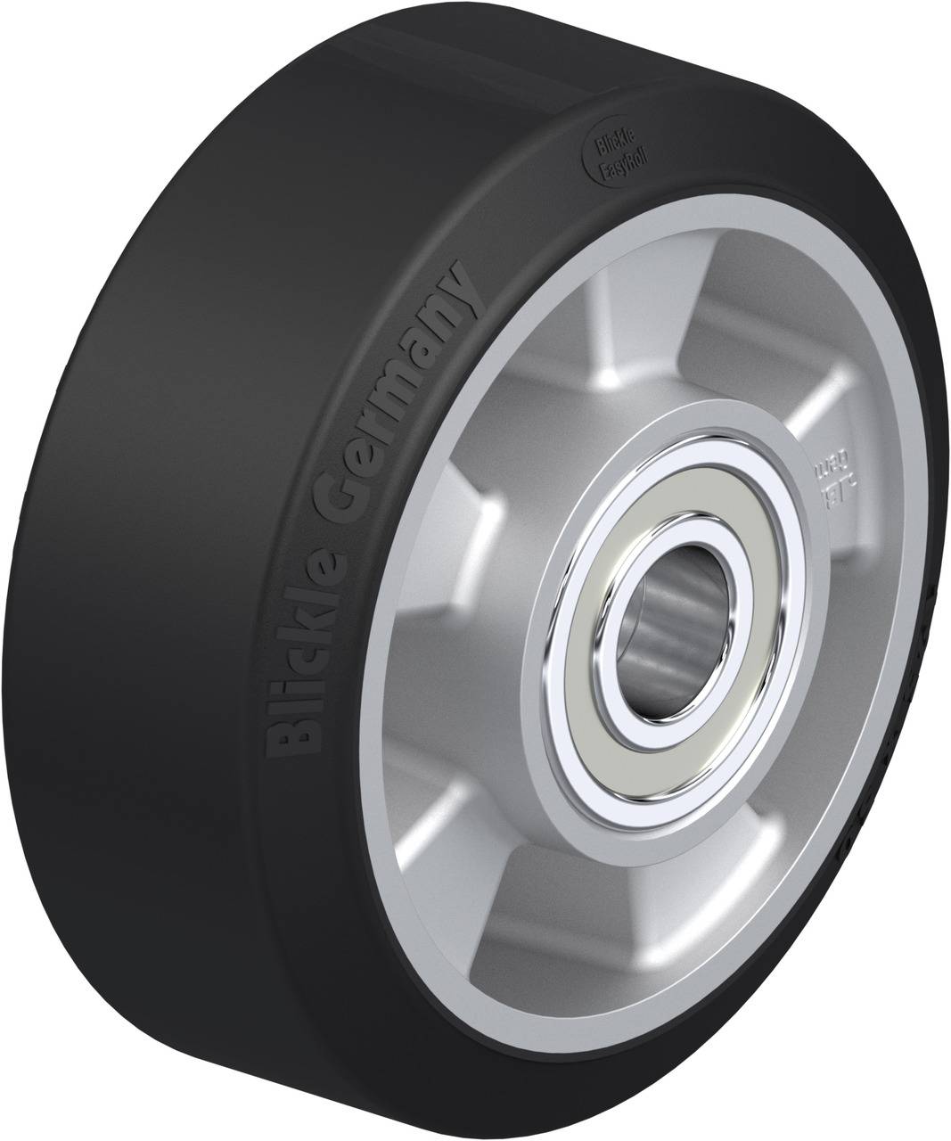 Industrierad mit schwarzer Gummilauffläche und silbernem Metallkern, markiert mit 'Blickle Germany'. Ideal für Transportgeräte.