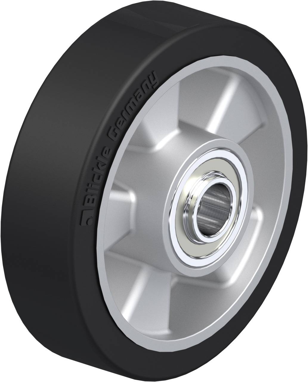 Ein einzelnes schwarzes Rad mit Metallkern und Kugellager, markiert mit 'Blickle Germany'.