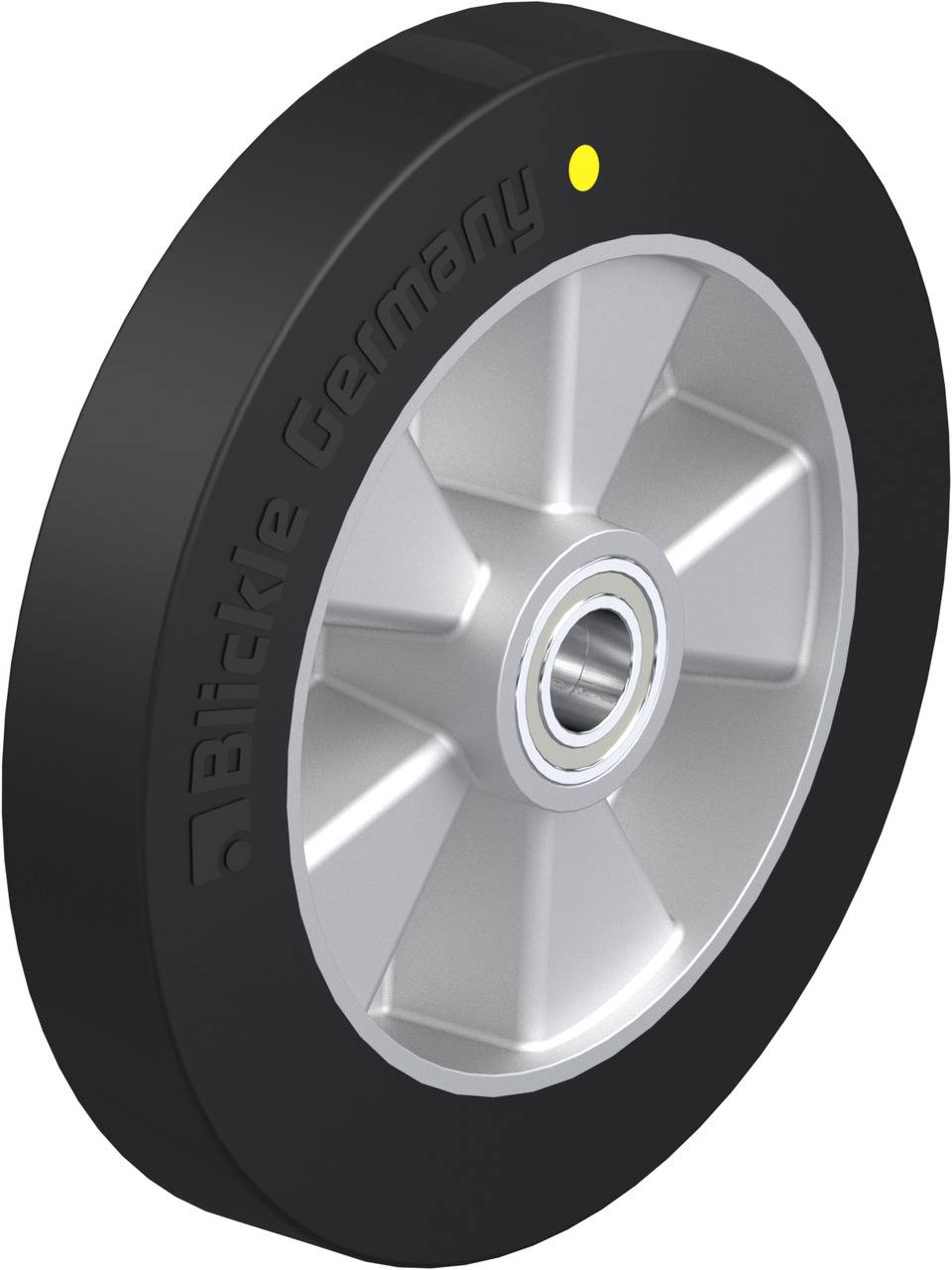 Schwarzes Rad mit silberner Nabe, markiert mit 'Blickle Germany', zeigt industrielle Stabilität und Herkunft.