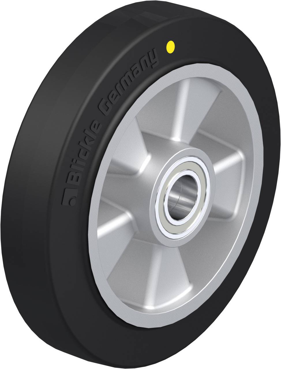 Schwarzes Rad aus Metall und Kunststoff mit Aufschrift 'Blickle Germany' und gelbem Punkt. Verwendet für Transportgeräte.