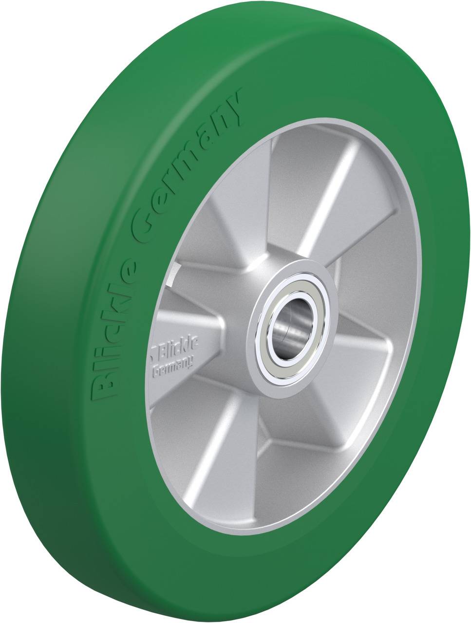 Grünes Rad aus Hartgummi mit silberner Felge und sichtbaren Kugellagerungen; geeignet für den Einsatz in Industrieumgebungen.