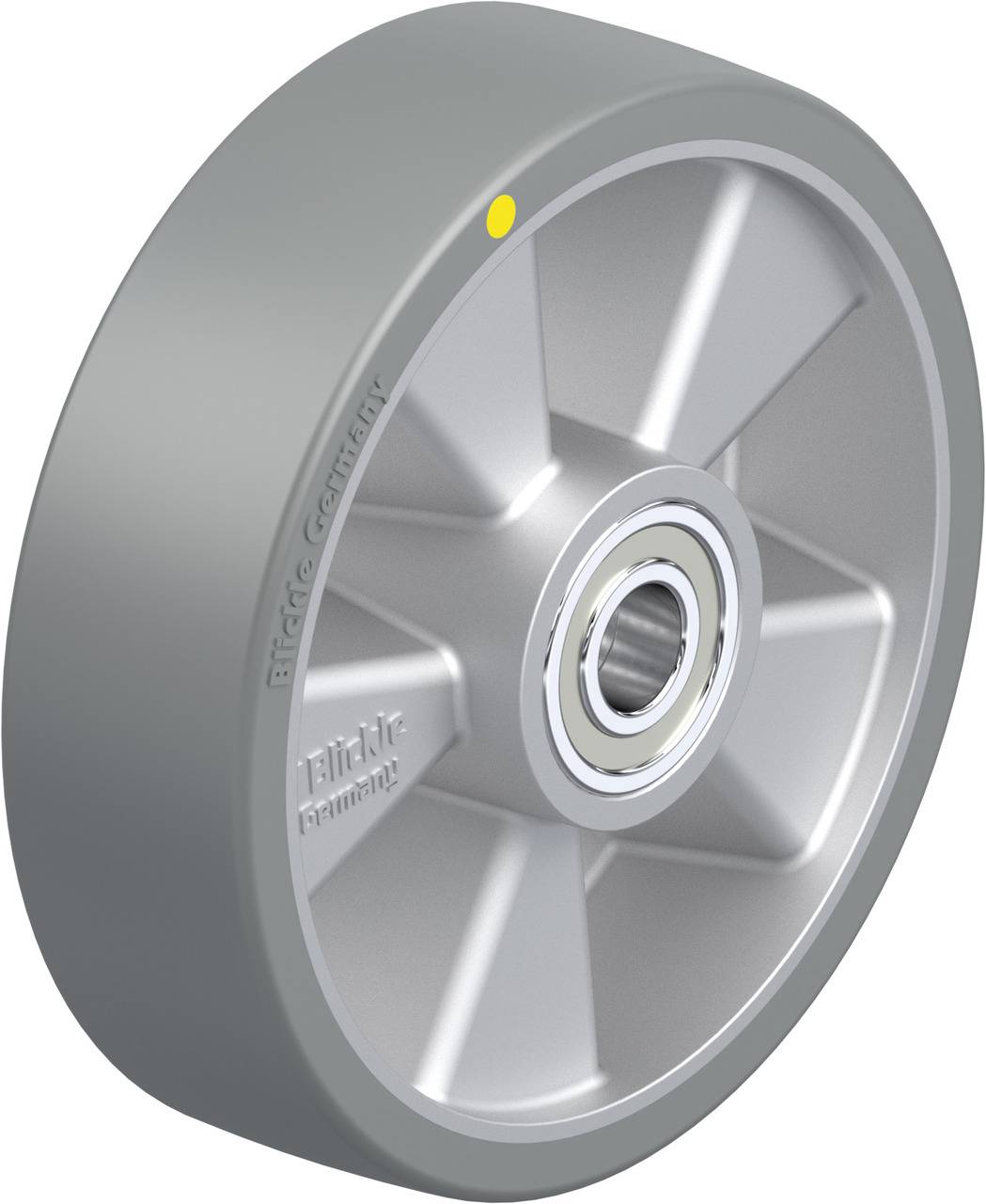 Rad aus silbernem Metall mit Zentrallager und sechs Speichen, geeignet für industrielle Anwendungen.