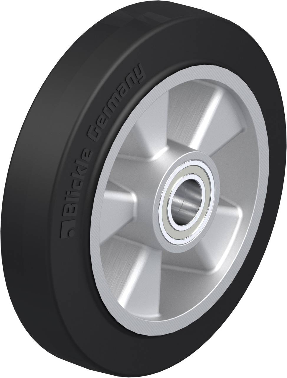 Ein graues Rad mit schwarzer Gummierung und zentralem Kugellager; Aufschrift 'Blickle Germany' an der Seite.