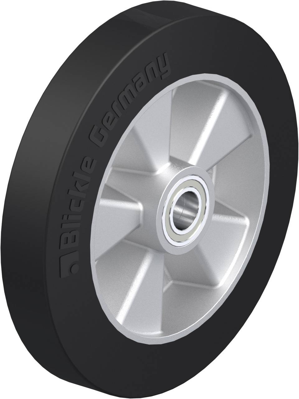 Schwerlastrad mit schwarzer Gummilauffläche und silberner Felge, geprägt mit 'Blickle Germany'. Used for carts and machinery.